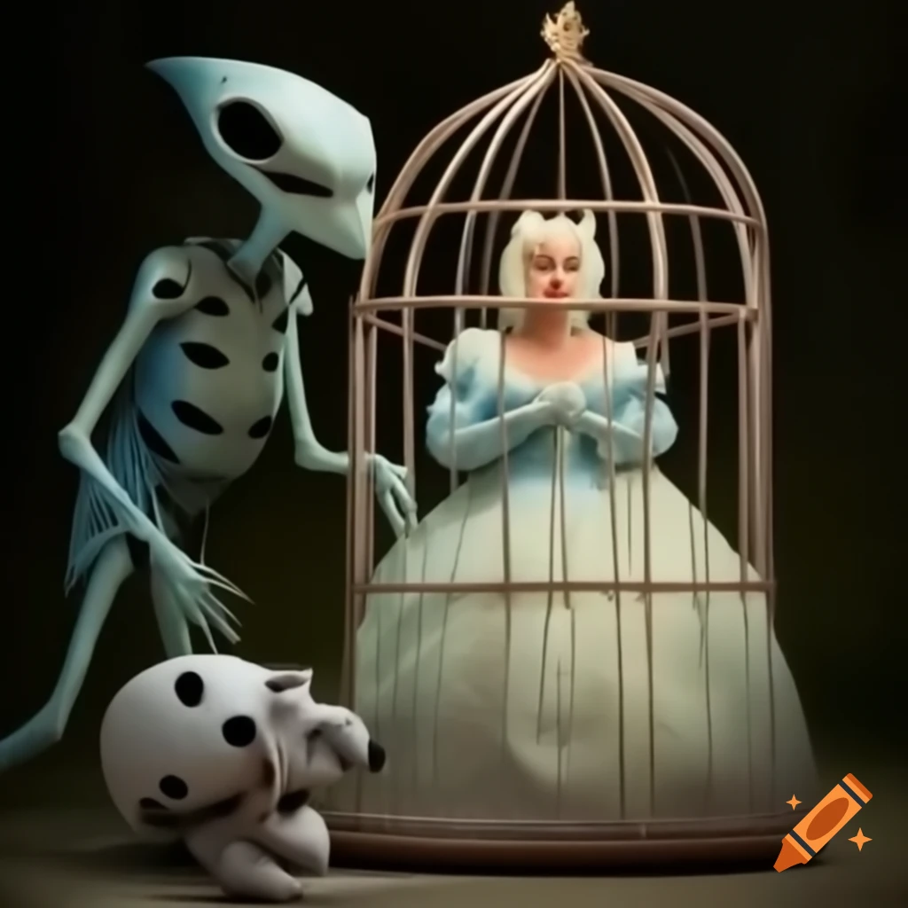 Disney-style illustration of a fantastical insect princess in a cage ...