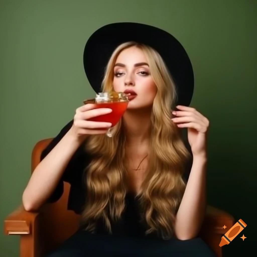 Elegant woman with blonde curls in black hat sitting with cocktail