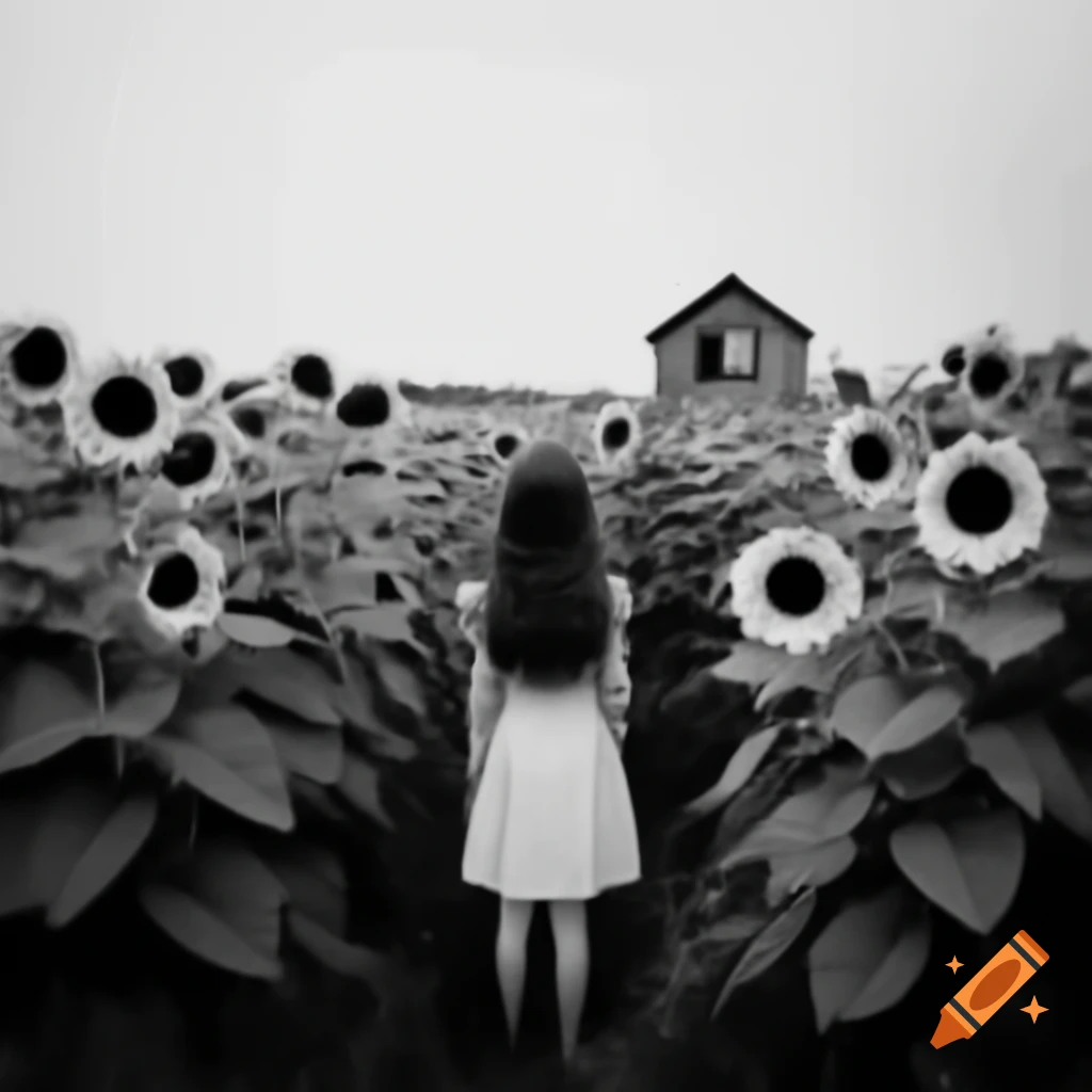 Girl in sunflower field with old hut and abandoned well in black and white
