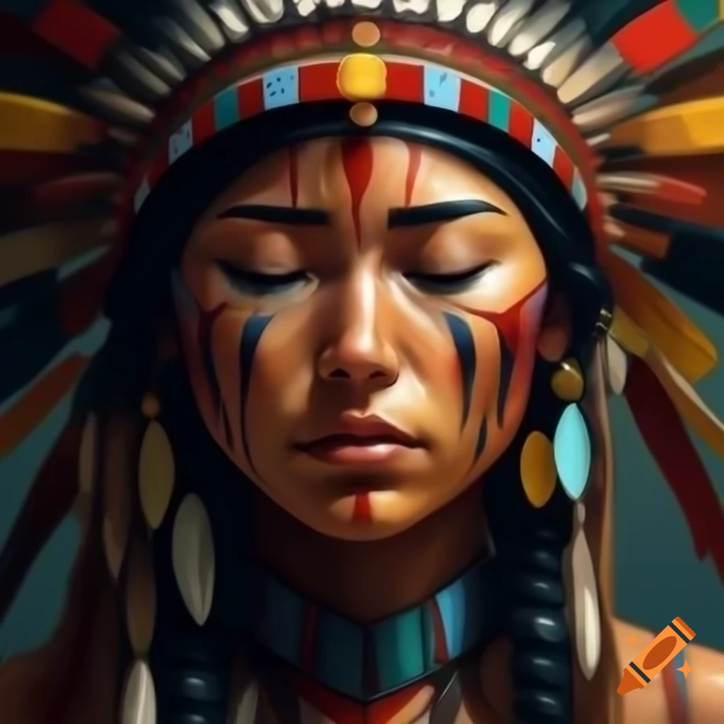 Detailed painting of a sleeping Native American girl in Kandinsky style
