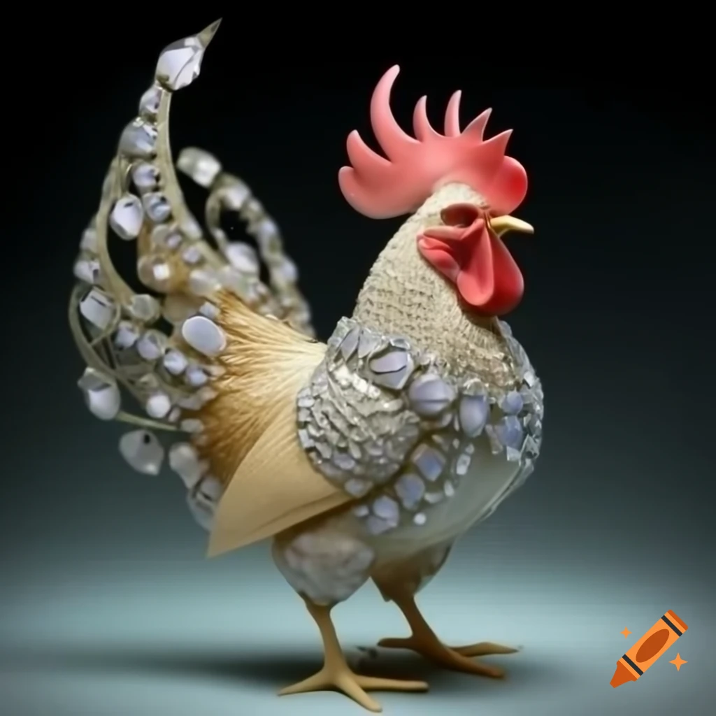 Silkie chicken adorned with Swarovski crystals and rhinestones, displaying regal plumage