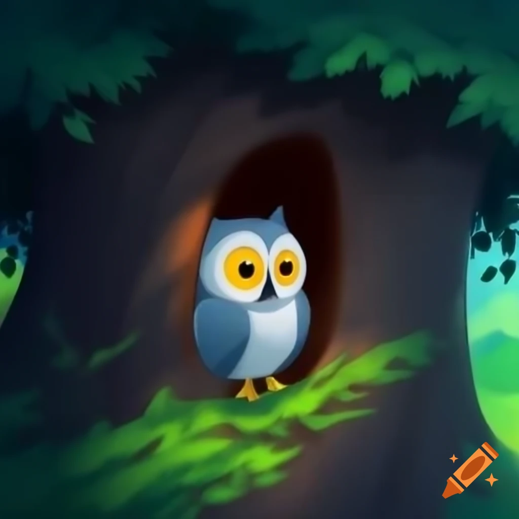 Wise owl peering from shadows inside a lush tree