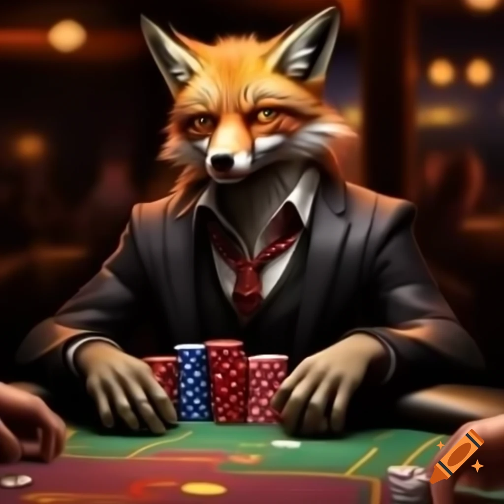 Anime-style cunning fox gambling at poker table, scar on left eye