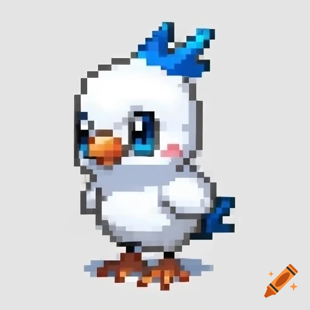 Small round white bird Pokémon chick with blue accents and proud expression, sprite style