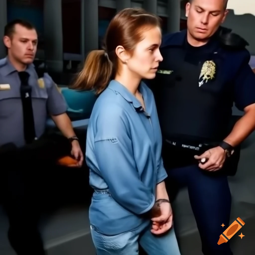 Female inmate in blue jeans and blouse escorted by law enforcement to squad car