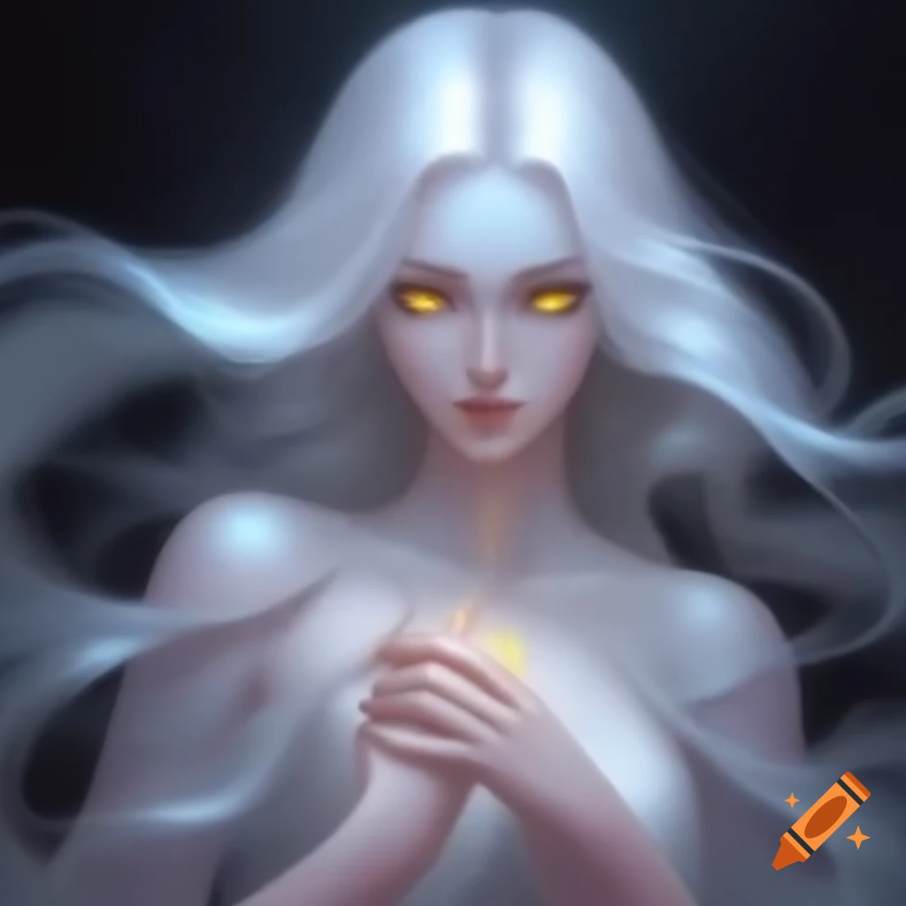 Ethereal woman with silver hair and yellow eyes, exuding mystery