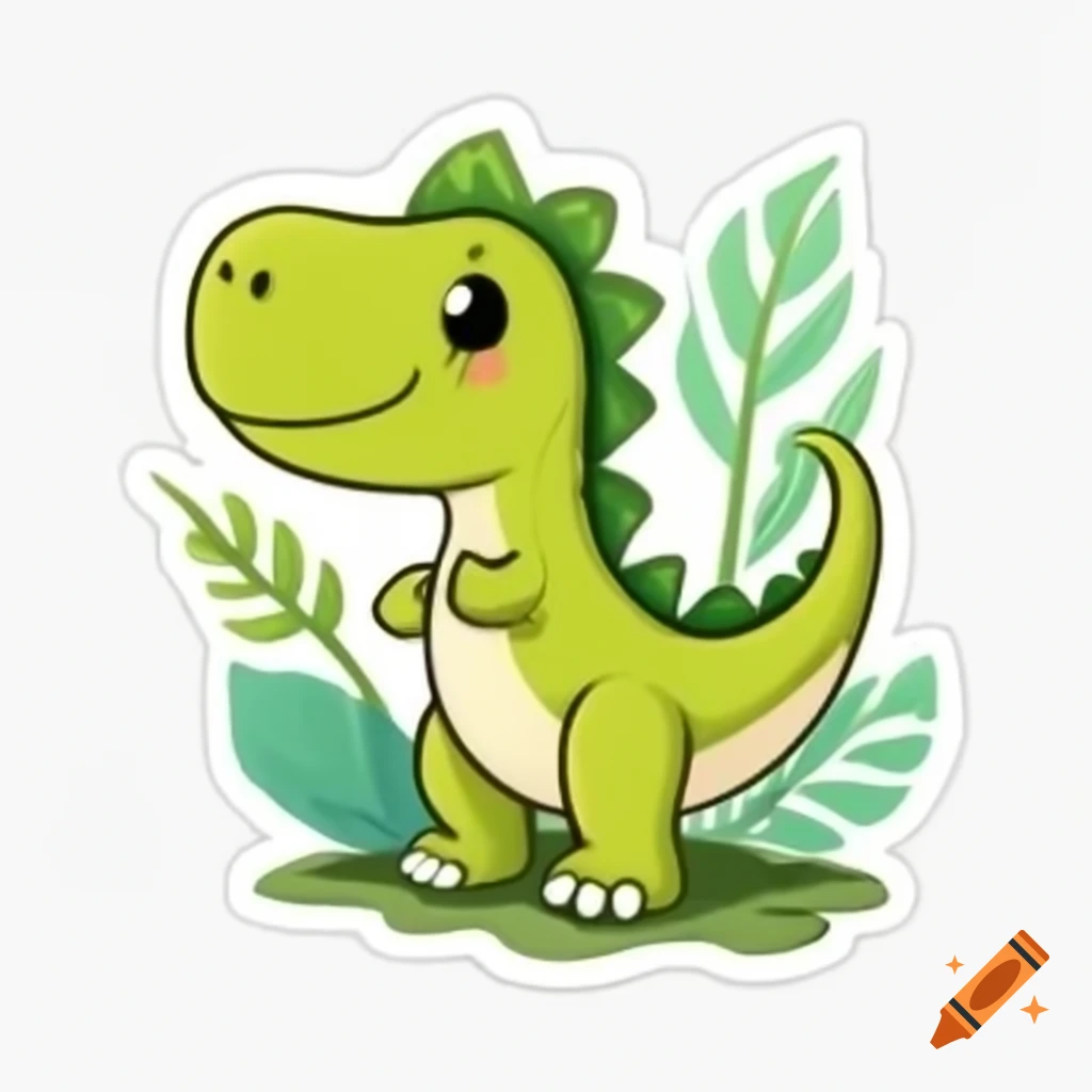 Cute cartoon dinosaur waving behind monstera plant with motivational message