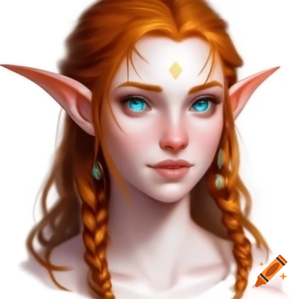 Female elf with blue-green eyes and long light red hair styled in braids