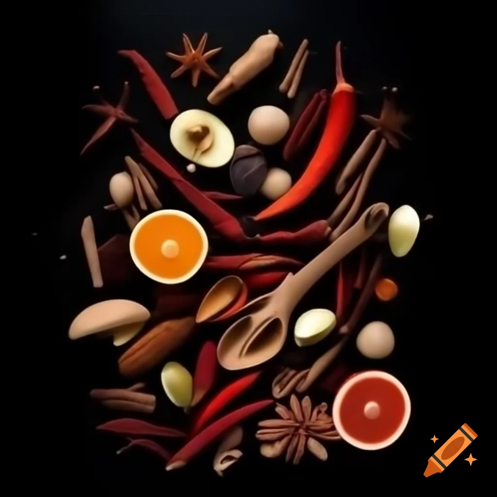 Dry fruits and spices in motion against black background