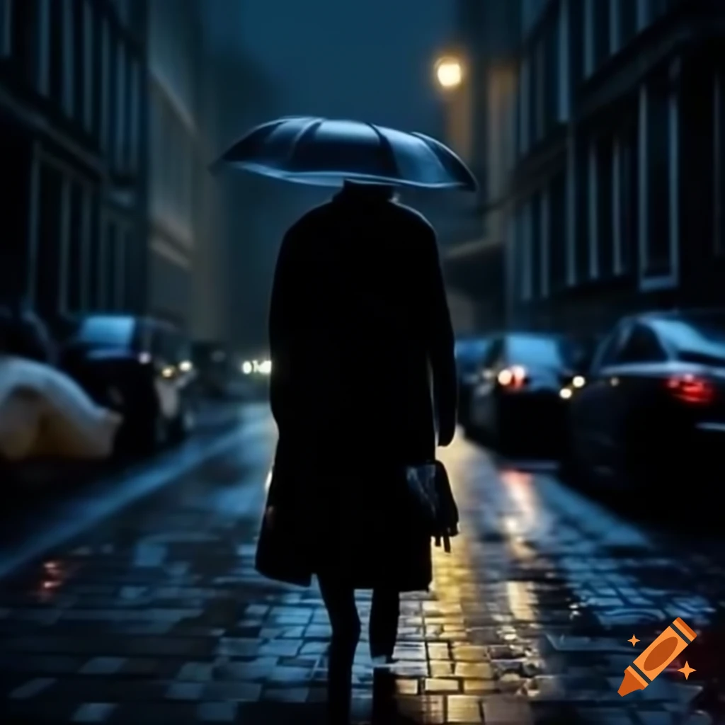 Dark figure walking on rainy cobblestone street at night on Craiyon