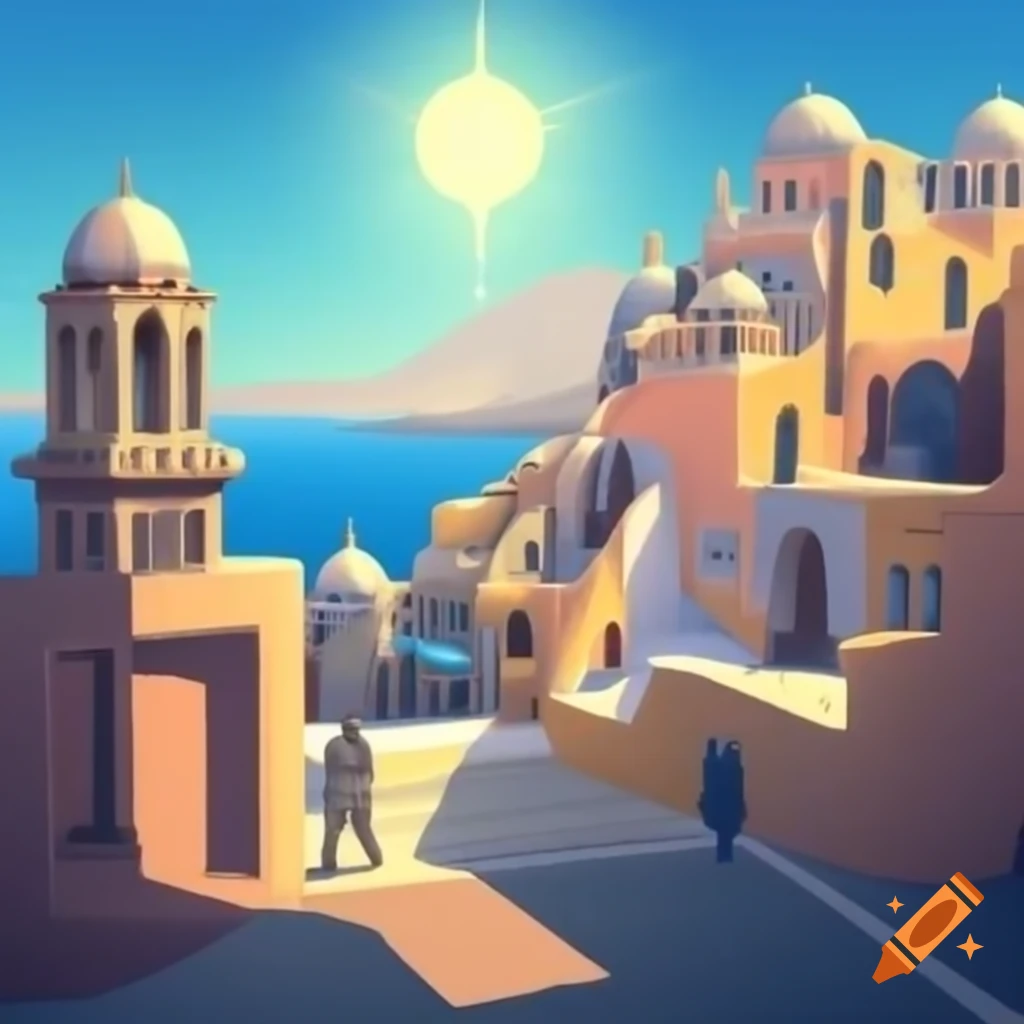 City with silver domes and bronze statues on a cliff similar to ...