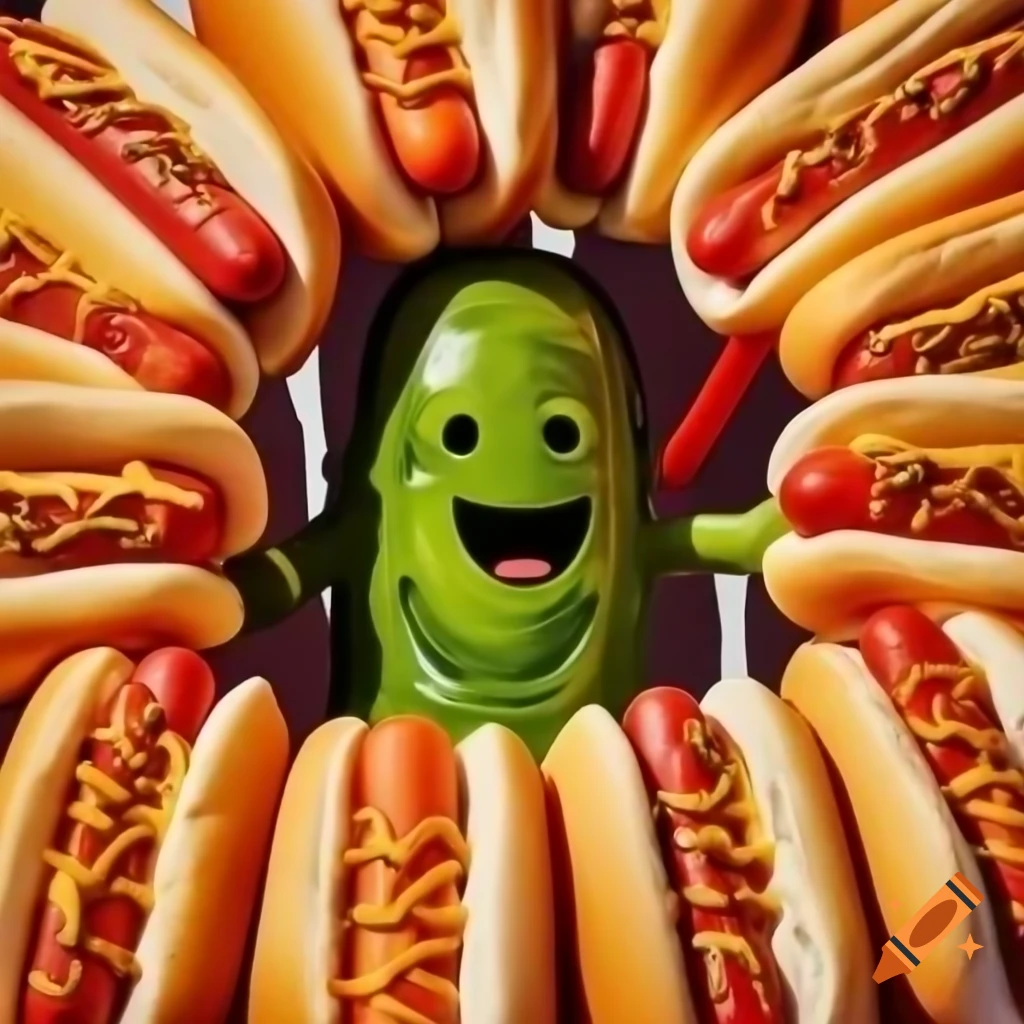 Cheerful pickle figure among hot dogs, symbolizing fun and flavor