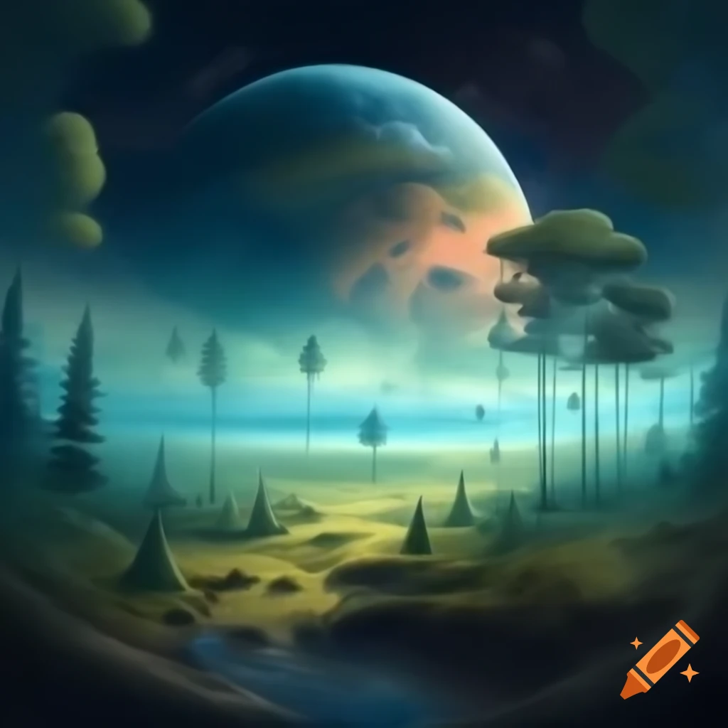 Watercolor painting of alien forest on distant planet with unique life forms