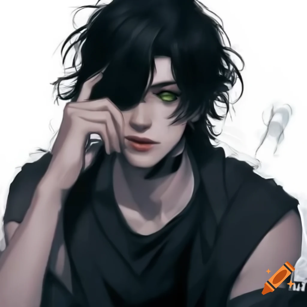 Edgy manga art of a charismatic rogue man in his twenties with tousled black hair