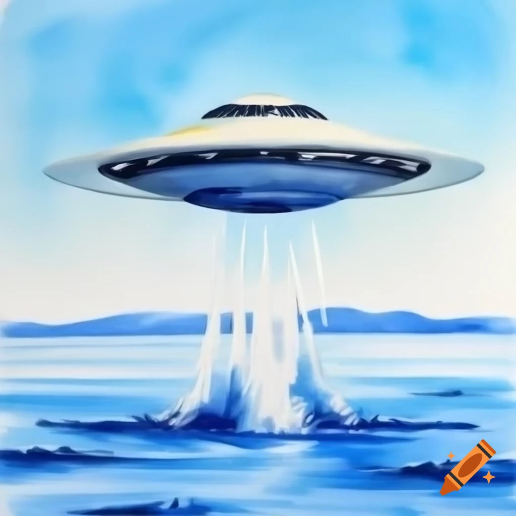 Watercolor painting of UFO emerging from water
