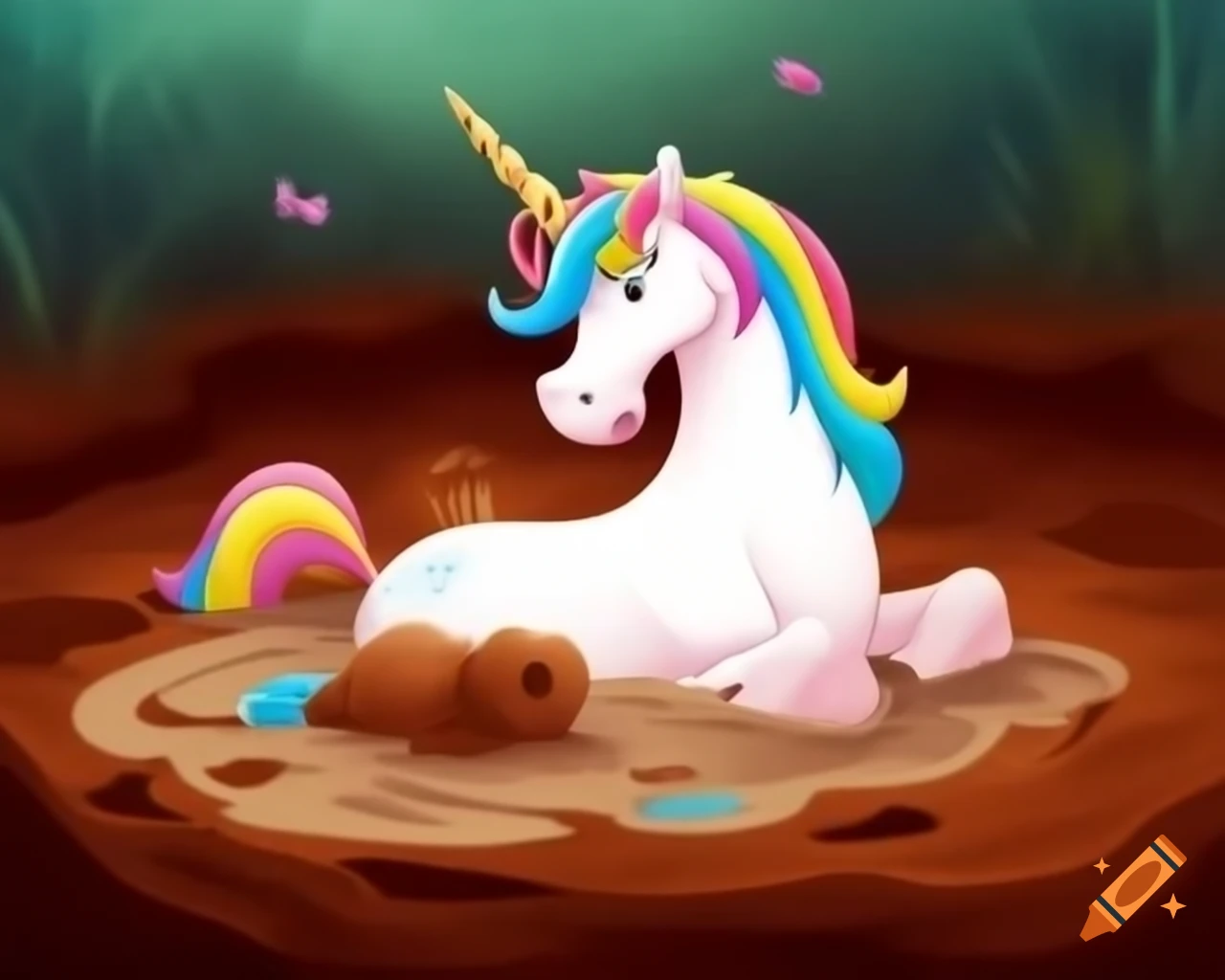Disney-styled colorful unicorn head sinking into brown mud surrounded by flies