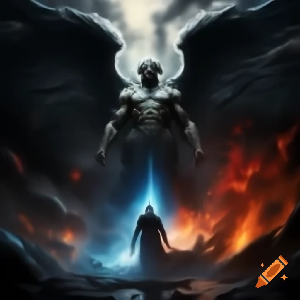 Two cosmic beings: one angelic with blue flames, the other alien and ...