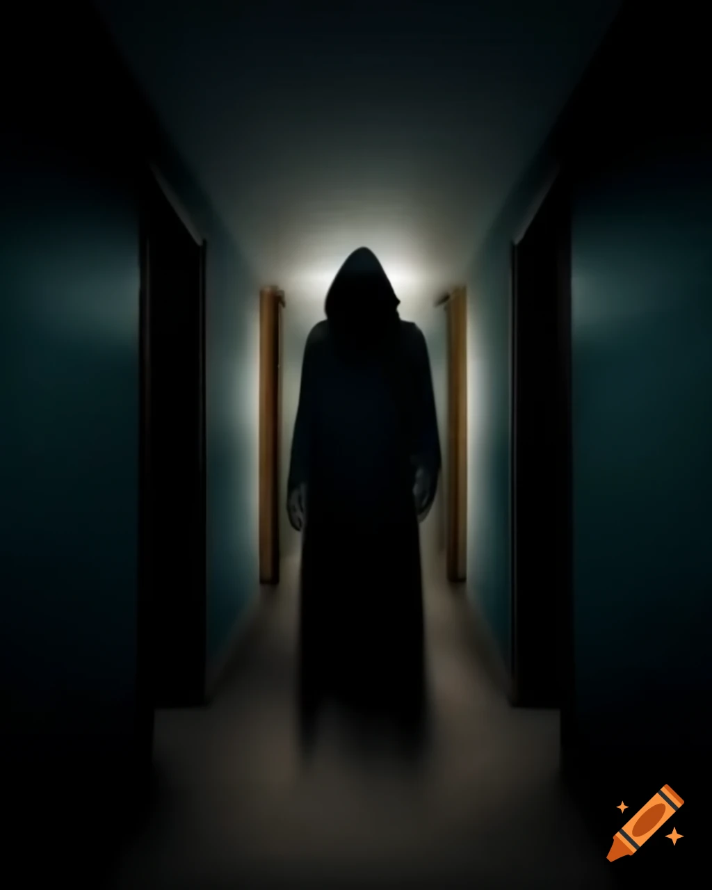 Creepy dark figure in a dimly lit hallway on Craiyon