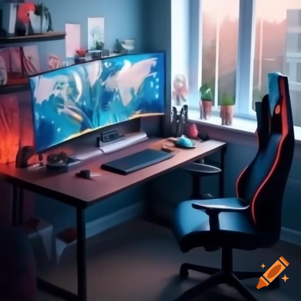 Modern home workstation with gaming chair, large monitor, and soundboxes
