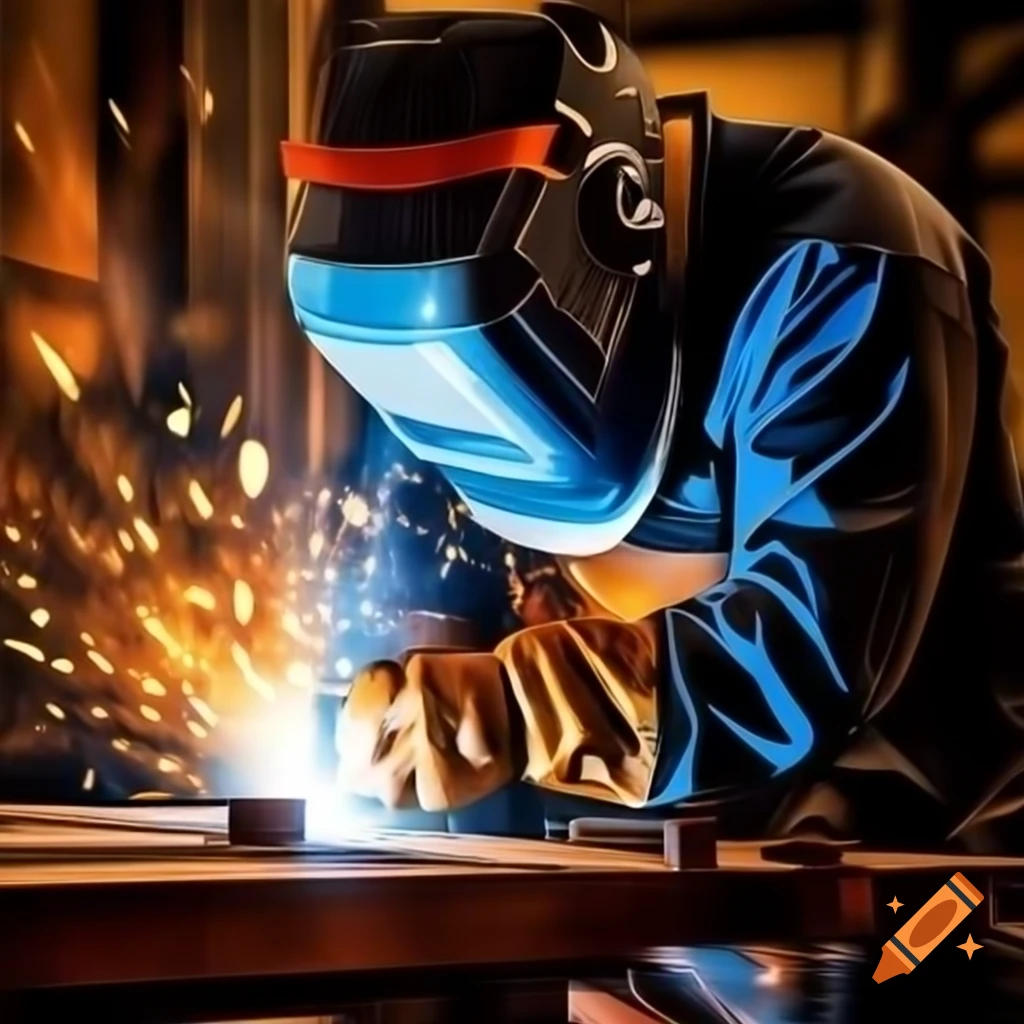 Welder shaping molten metal with fiery beam of light