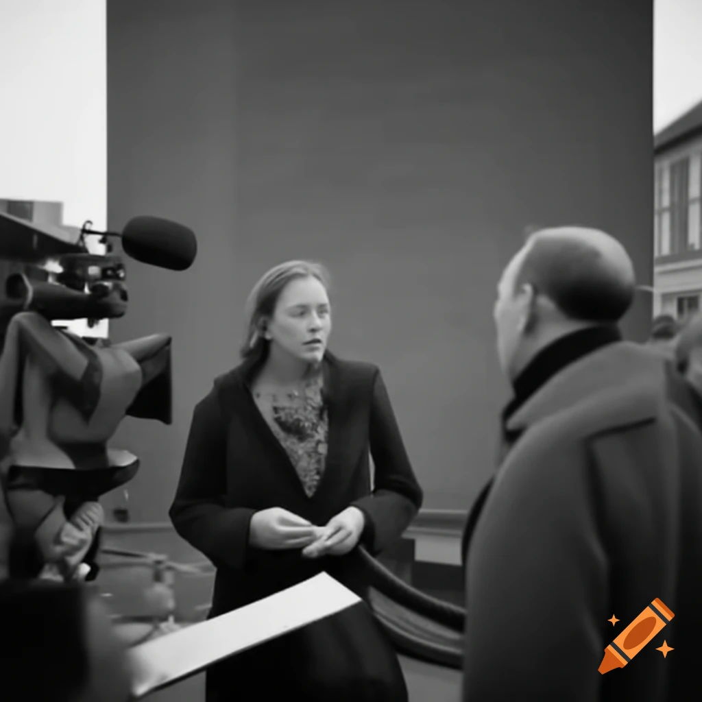 Vintage black and white image of journalist interviewing with microphone