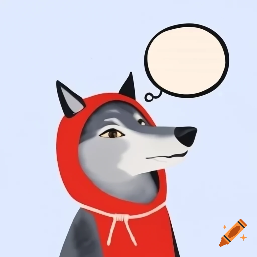 Black and white illustration of wolf from Little Red Riding Hood with empty thought bubble