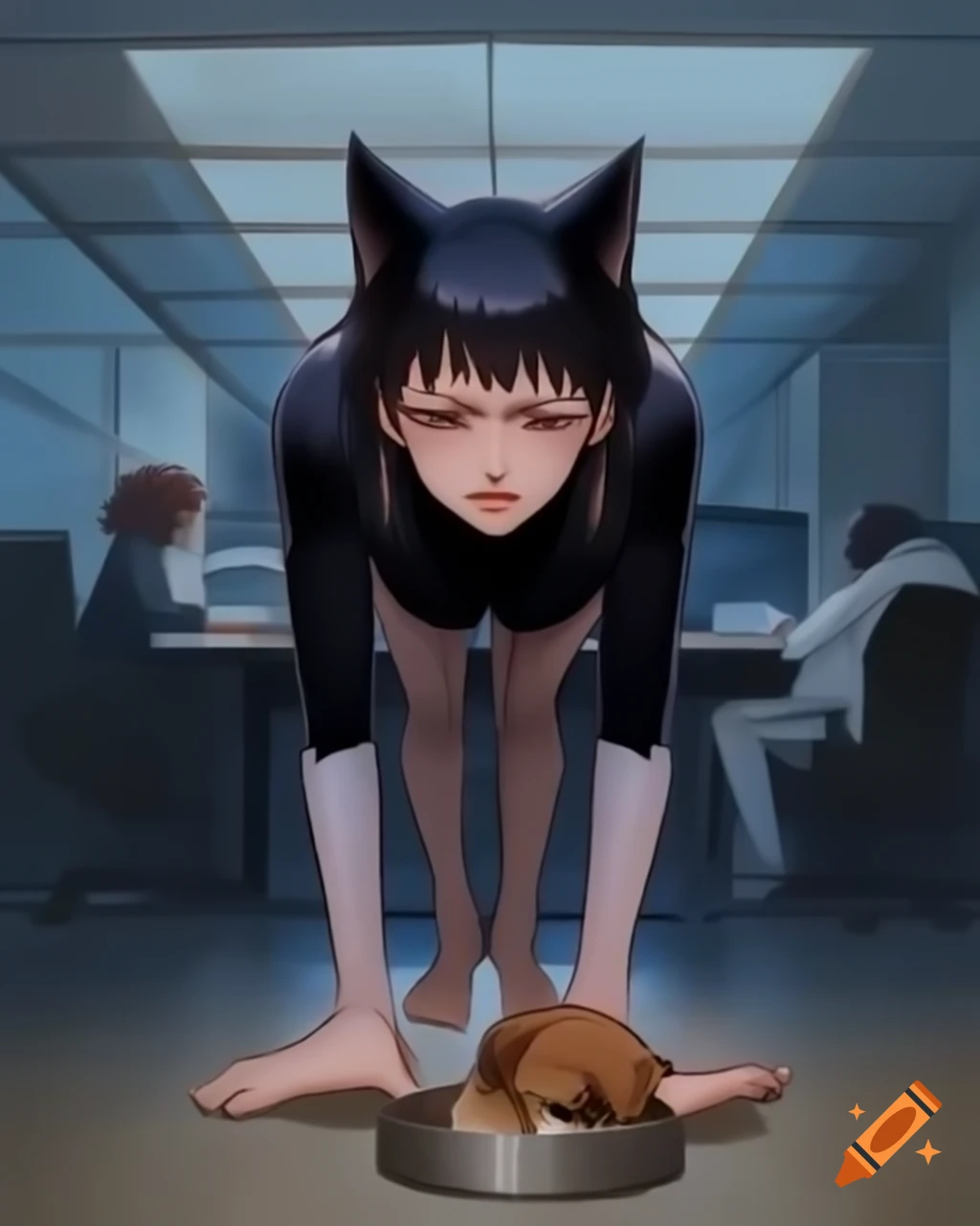 Anime woman with cat ears in black leotard crawling in office near dog bowl