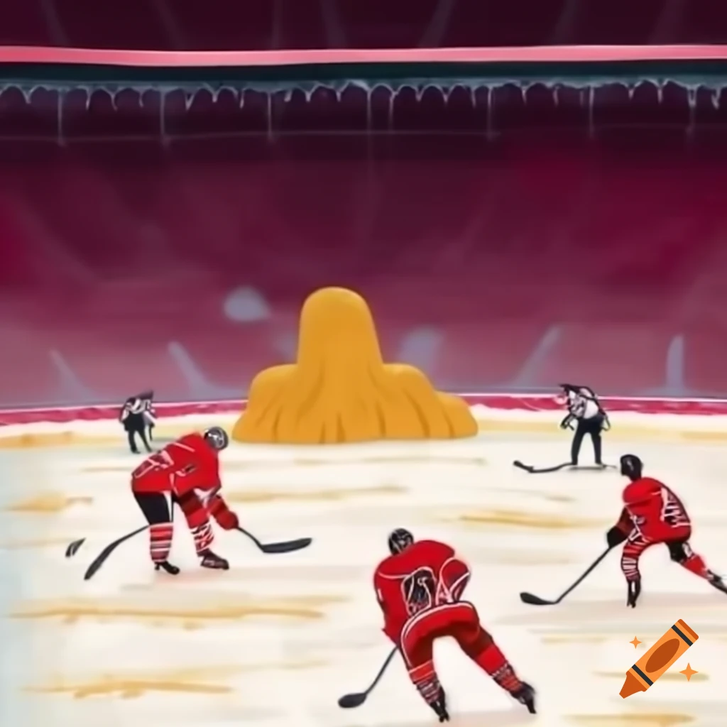Surreal Chicago Bulls-themed hockey rink filled with golden hay on Craiyon