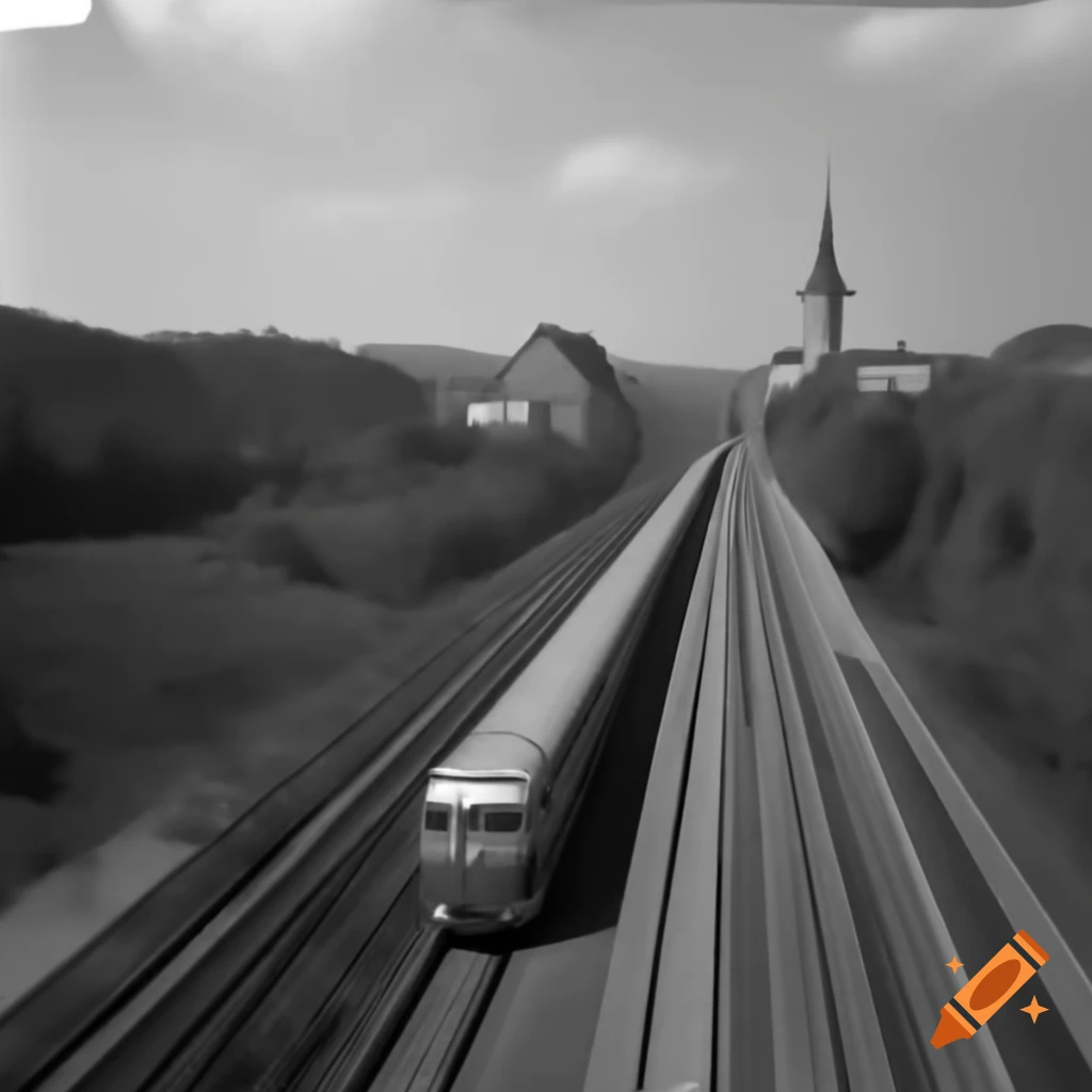 Hand-drawn black and white illustration of a train in motion from the outside