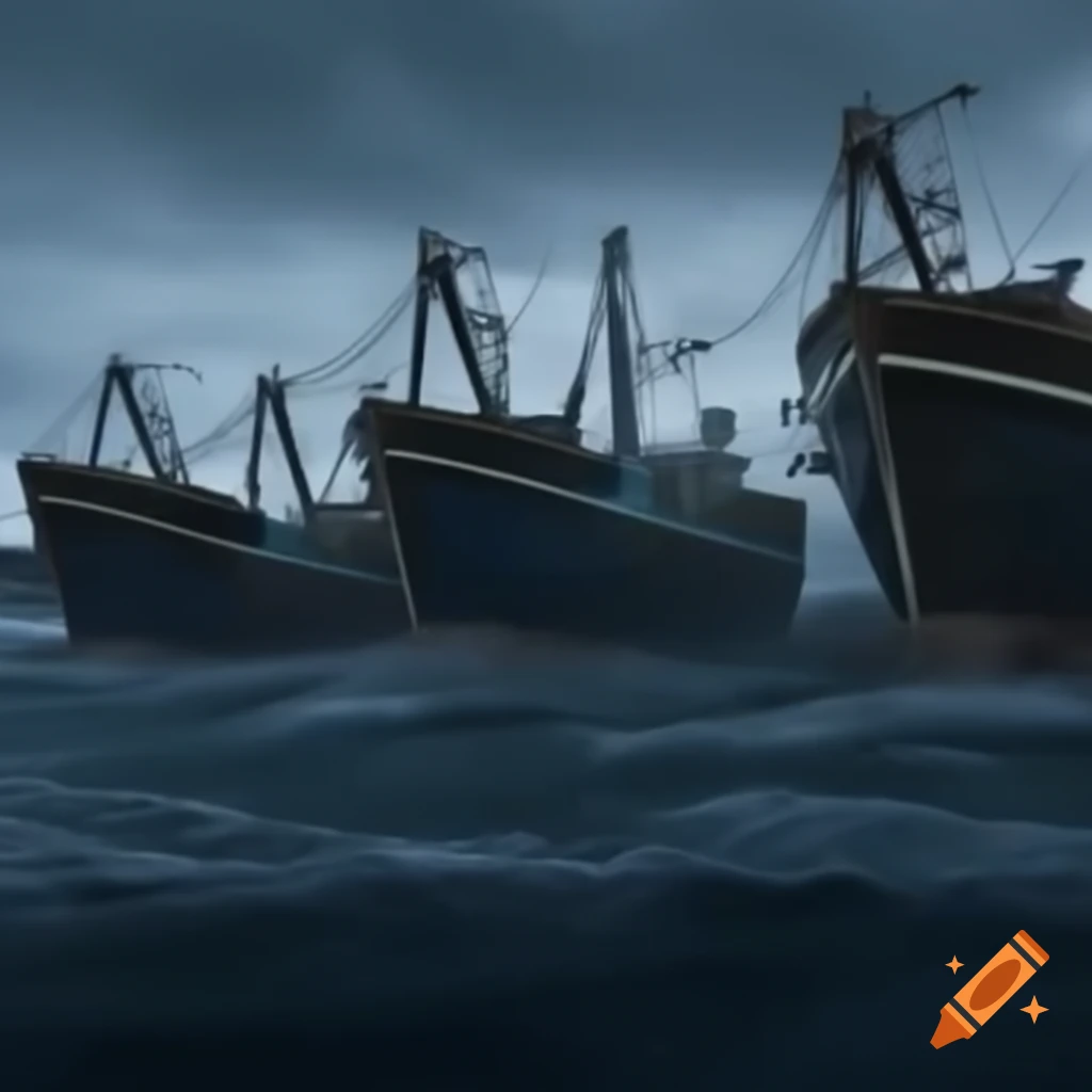 Shrimp boats with loose riggings under stormy sky symbolizing instability