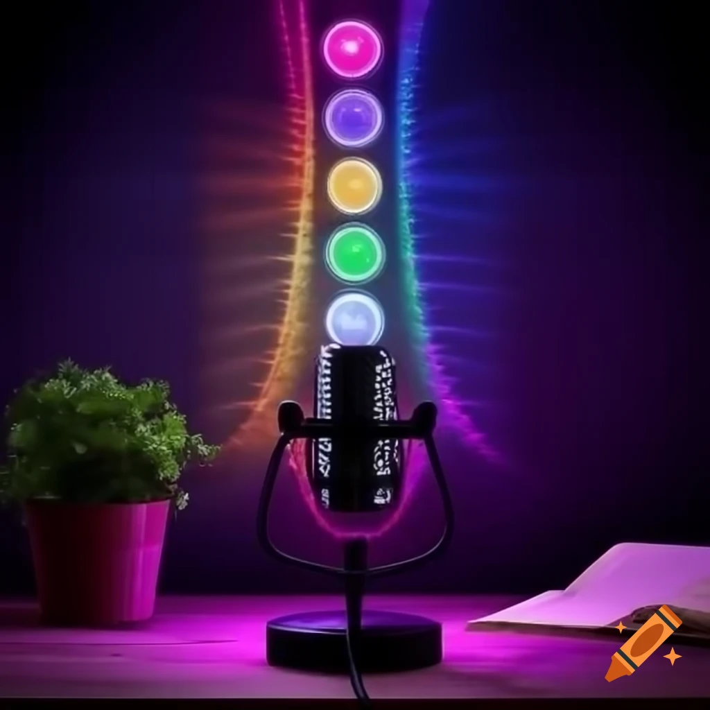 Microphone on table with chakra lights, Arabic text, and tree with nutrition images