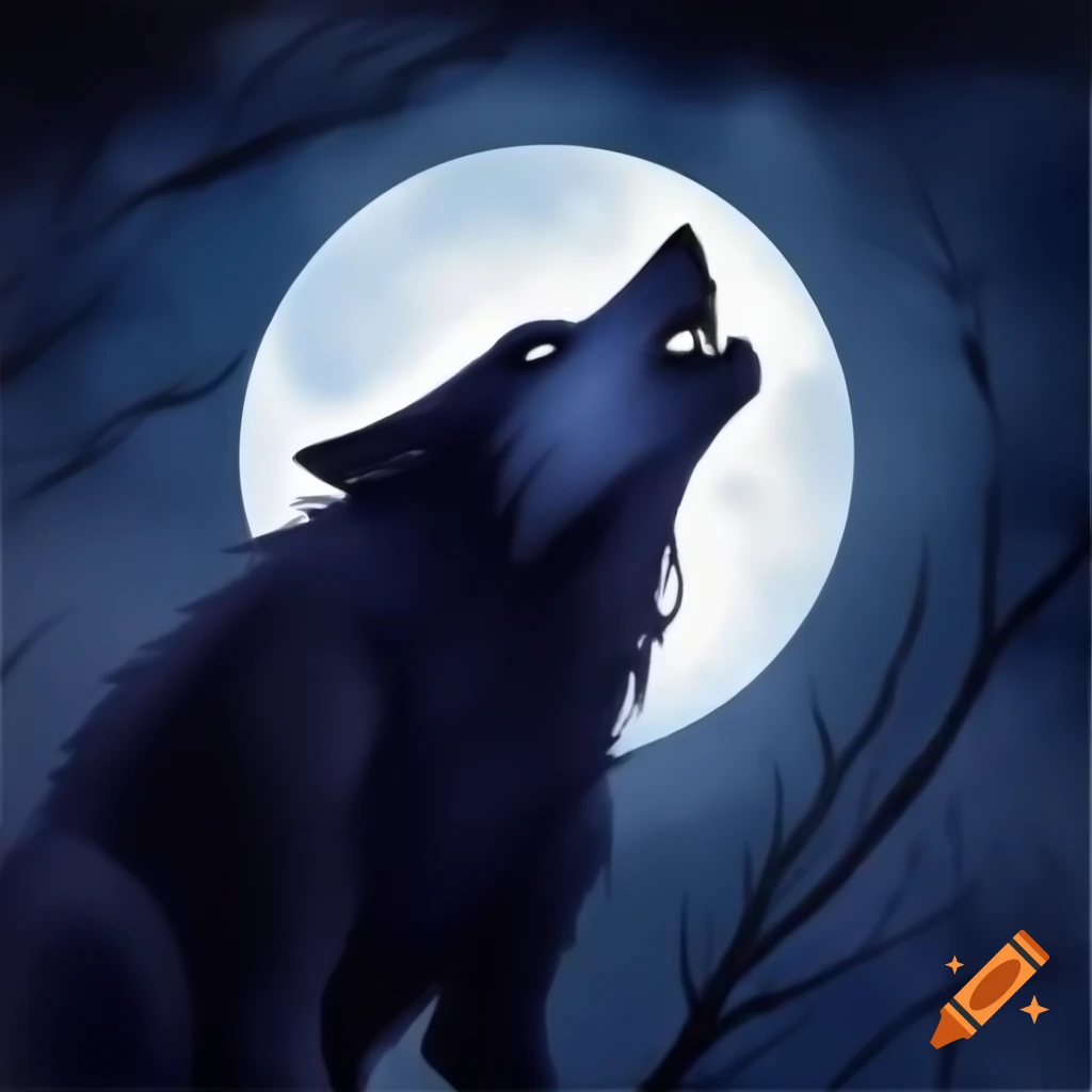 Silhouette of werewolf against moonlit night in watercolor