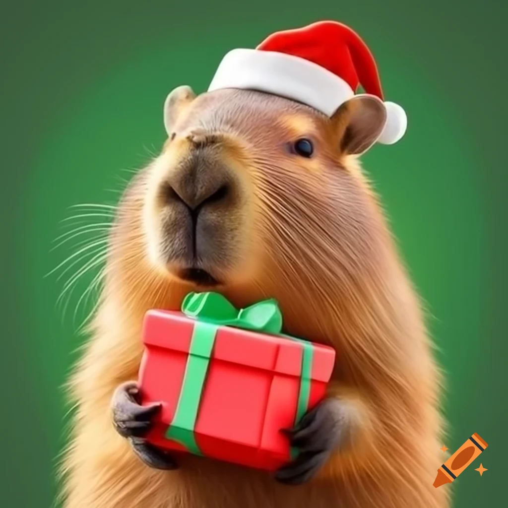 Christmas capybara wearing a hat with a gift box sticker
