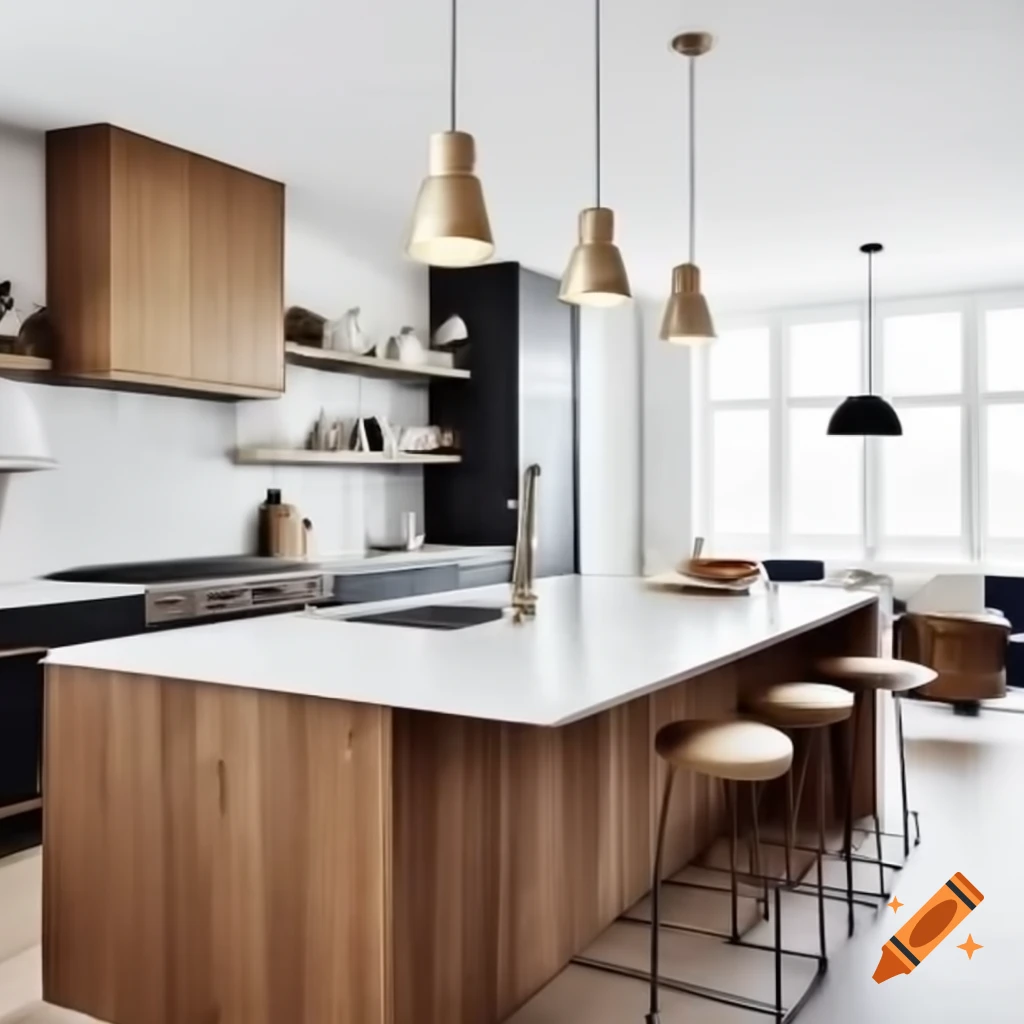 Modern trendy kitchen with spacious island and stylish pendant lights ...