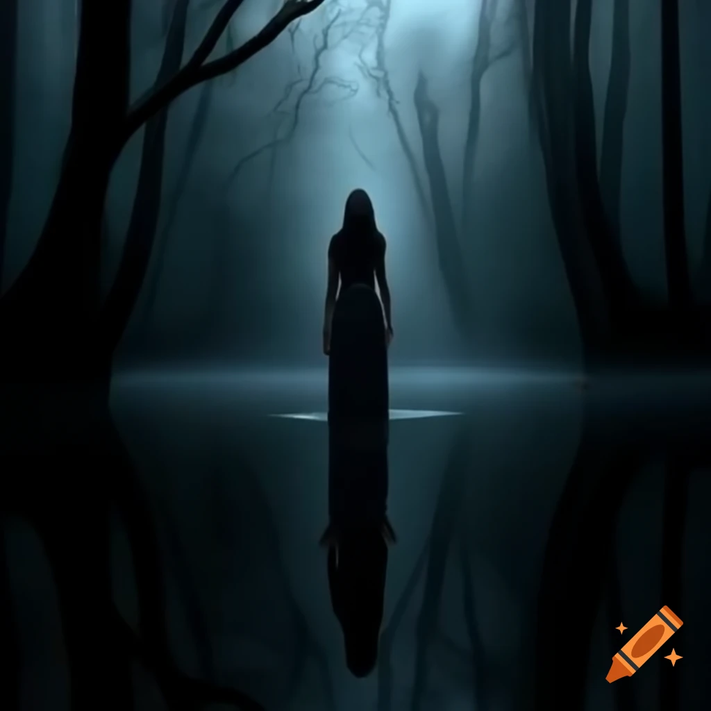 Mysterious woman in black dress by misty lagoon in dark forest at midnight
