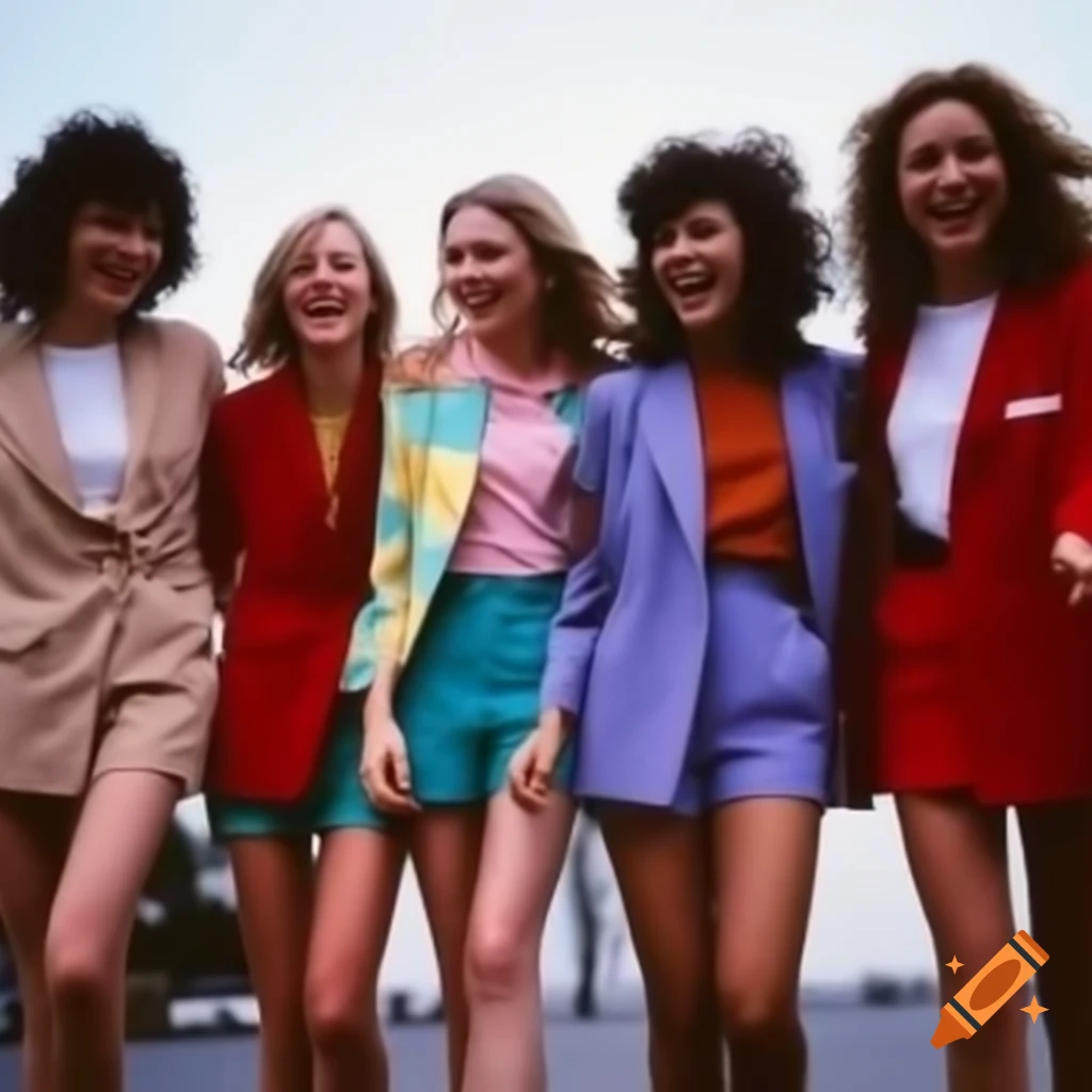 Female friends wearing vibrant 1980s blazers and coats