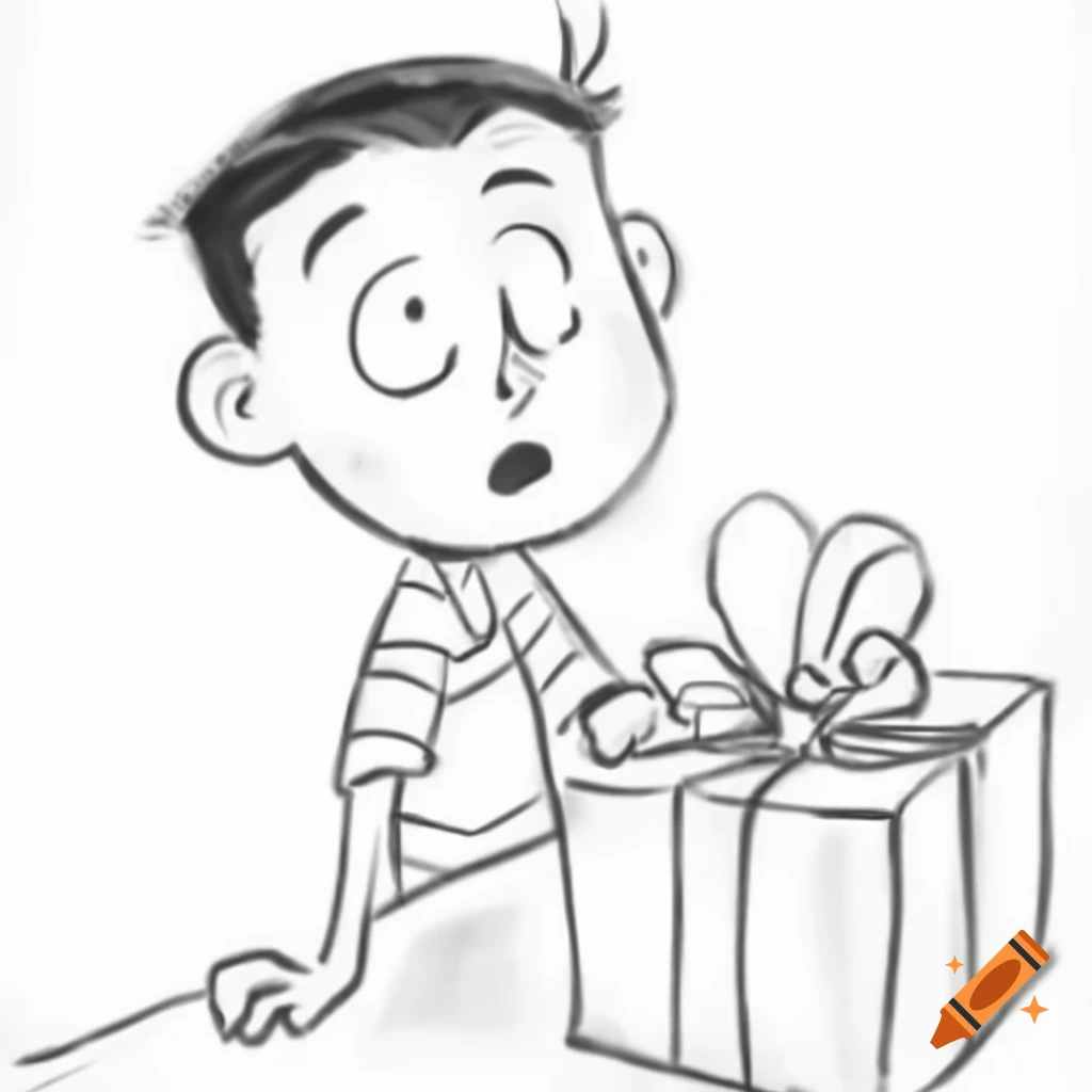 Black and white pencil sketch of excited boy seeing a present