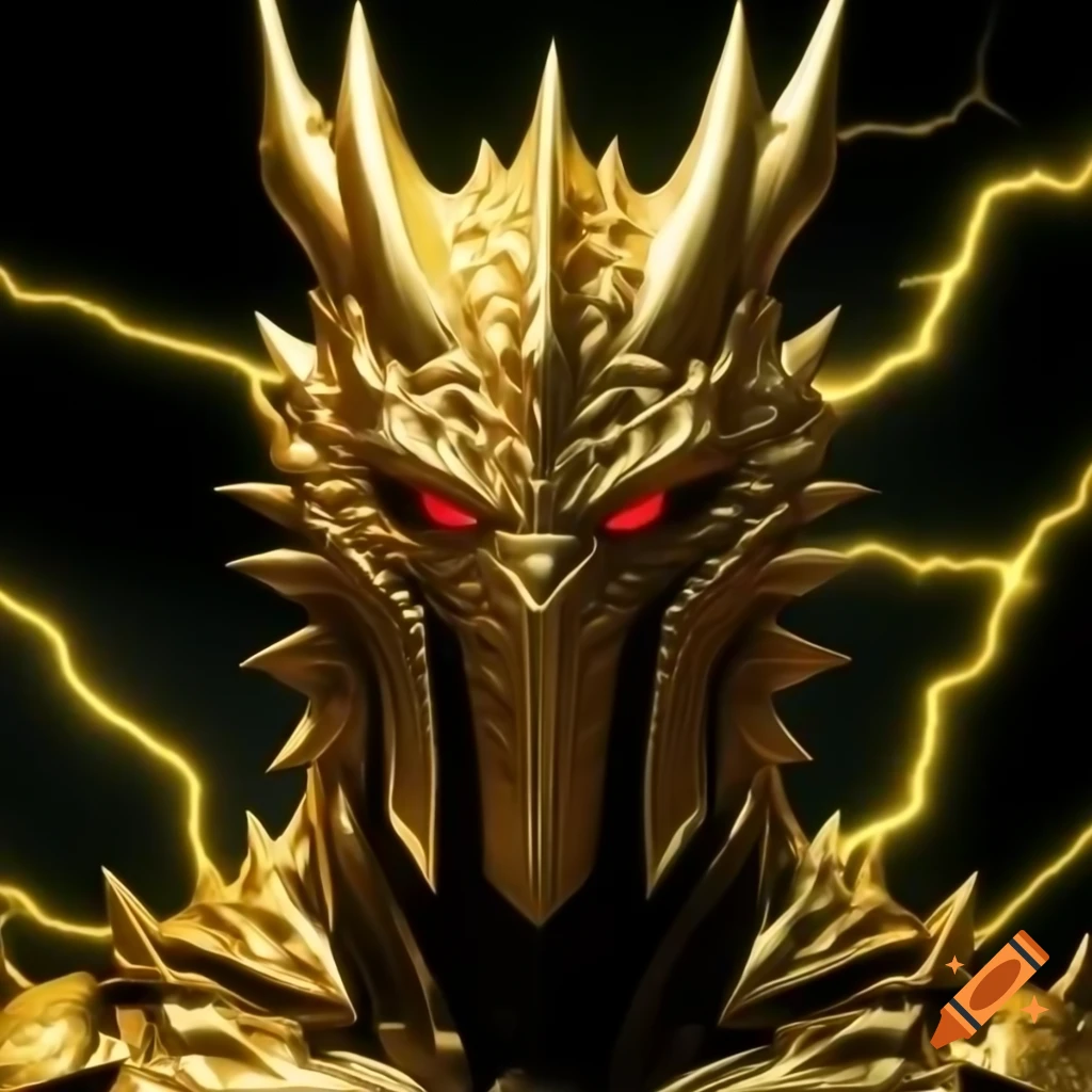 Golden dragon-sized helmet with lightning strike background