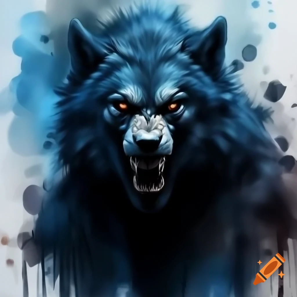 Somber watercolor silhouette of a werewolf in dark blue hues