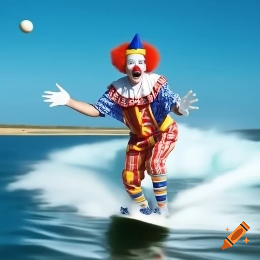 Clown in baseball attire waterskiing on a lake