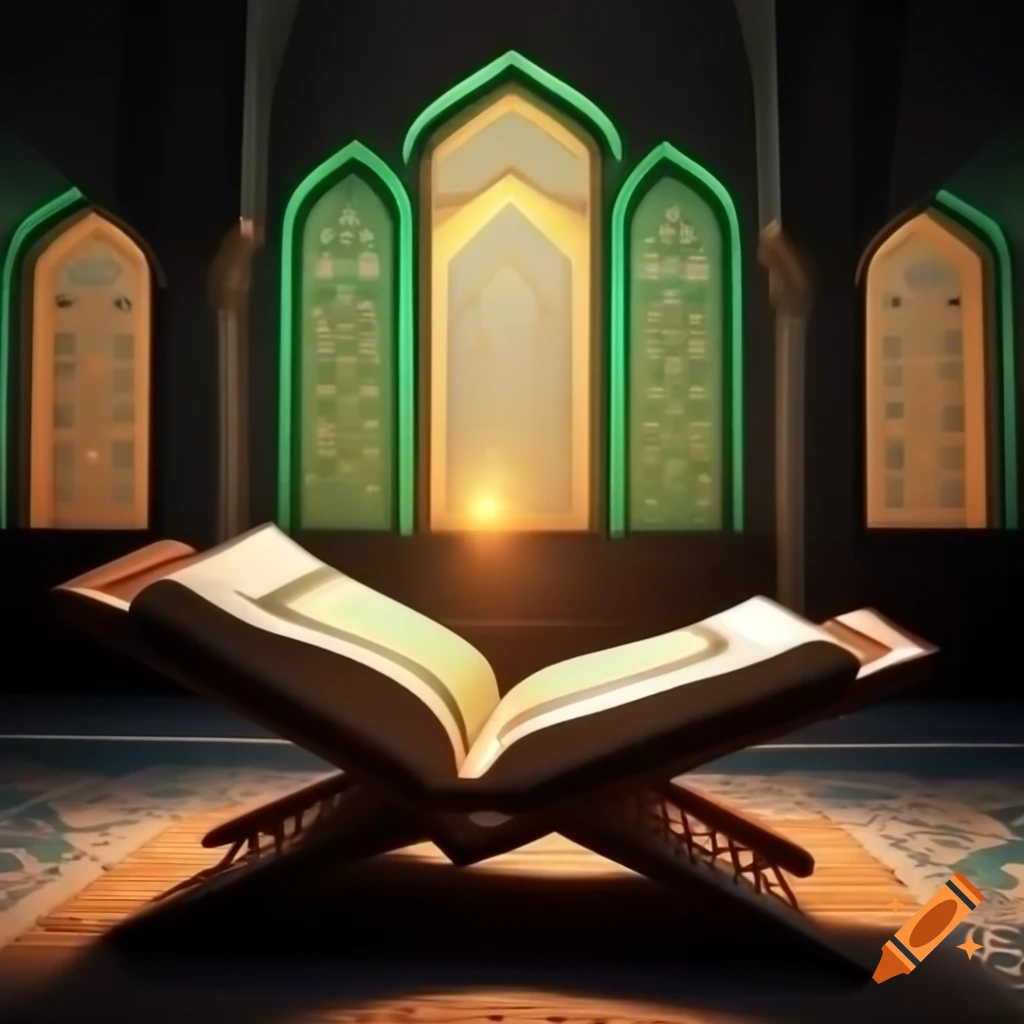 Illuminated open Quran on wooden stand glowing softly with golden light