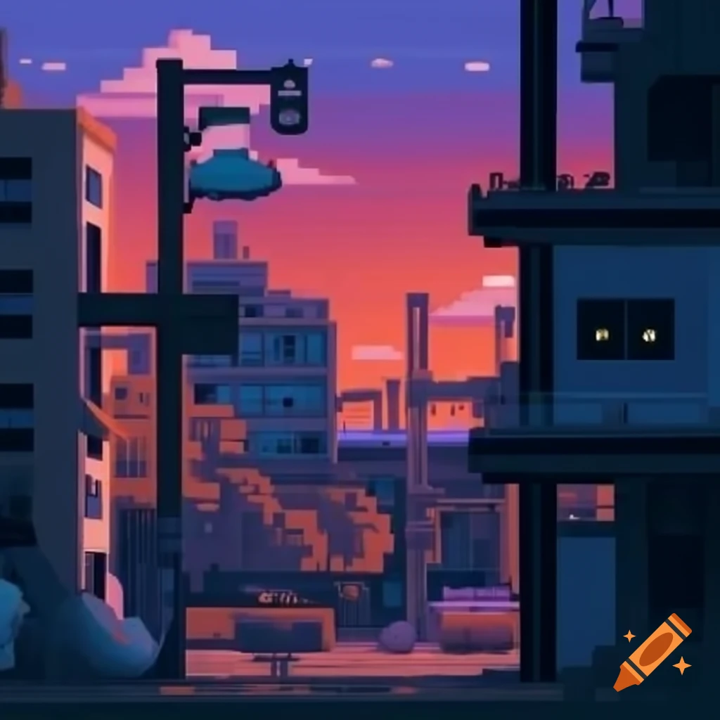 Pixel art of urban setting at evening sky
