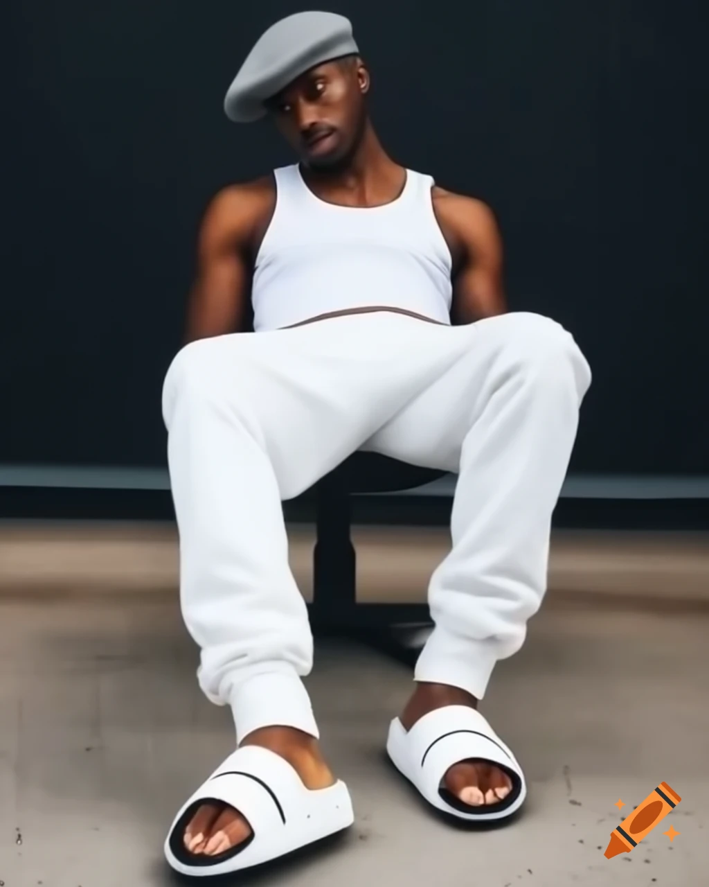 Stylish black individual in modern casual wear with white undershirt and black baggy pants