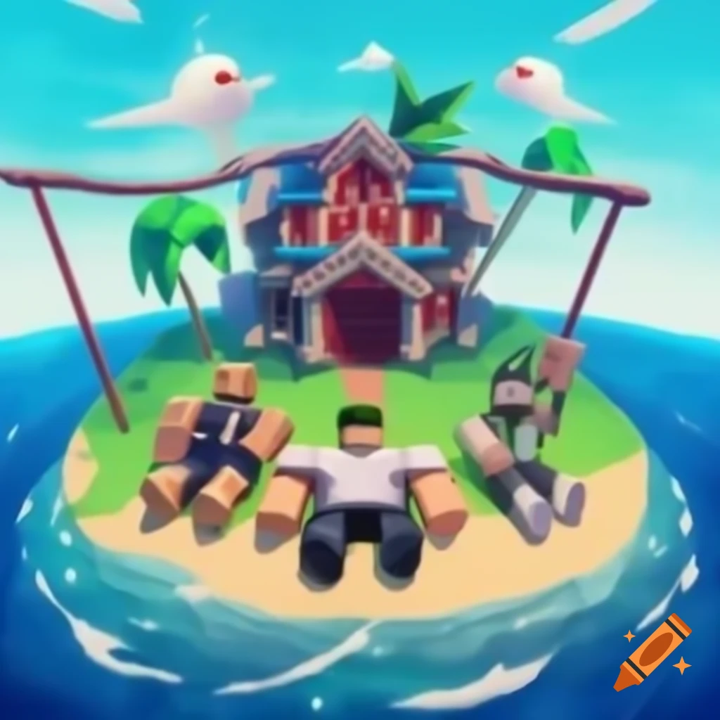 Roblox characters on swing set and flying carpets on island with playhouse, anime style
