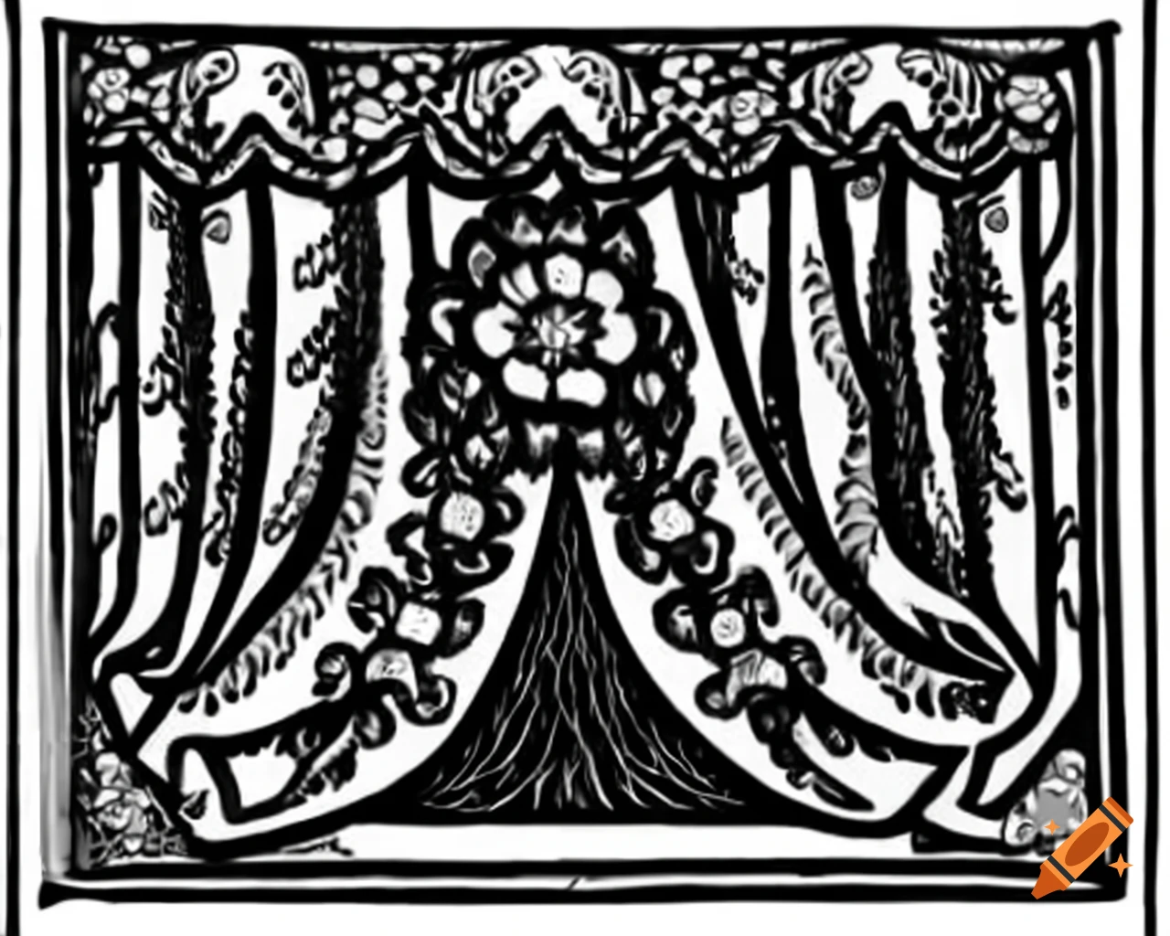 Medieval woodcut of embroidered curtains with floral design in black and white