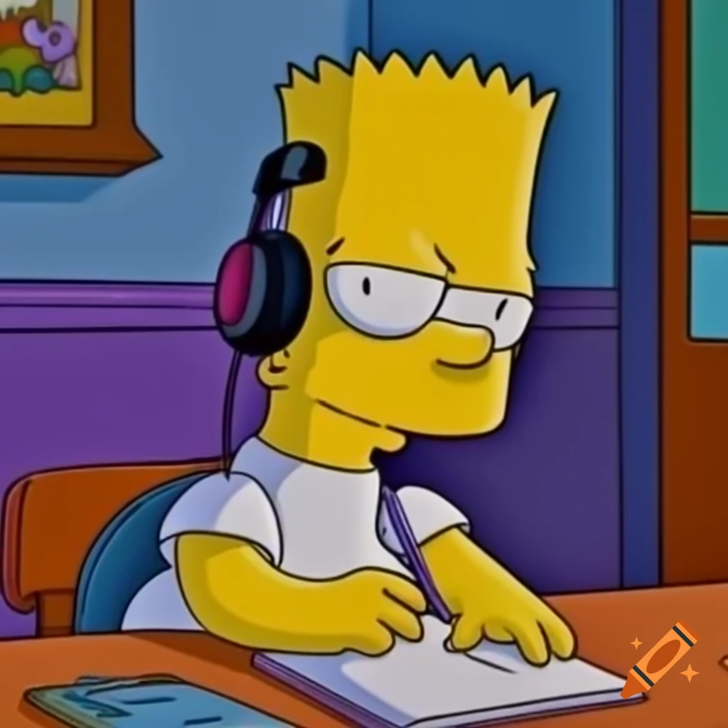 Bart Simpson in hoodie with headphones writing in notebook on Craiyon