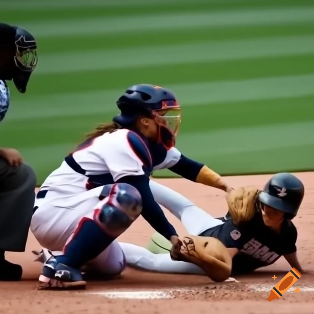 Girl sliding into catcher, potential injury scenario in sports