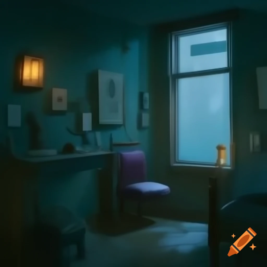Cozy dimly lit room with vintage decor and rainy street view at night