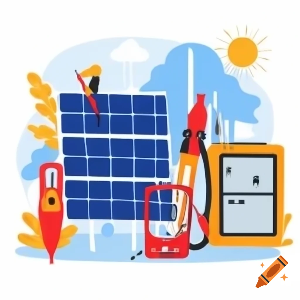 Cartoon illustration of DIY solar installation with solar panel, multimeter, screwdriver, battery, and inverter