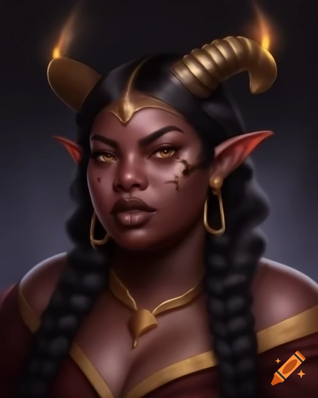 Captivating tiefling bard with golden adorned horns and deep brown skin